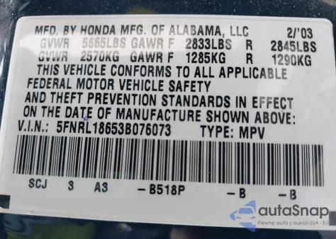2003 Honda Odyssey Ex z USA, uszkodzony, nr VIN 5FNRL18653B076073